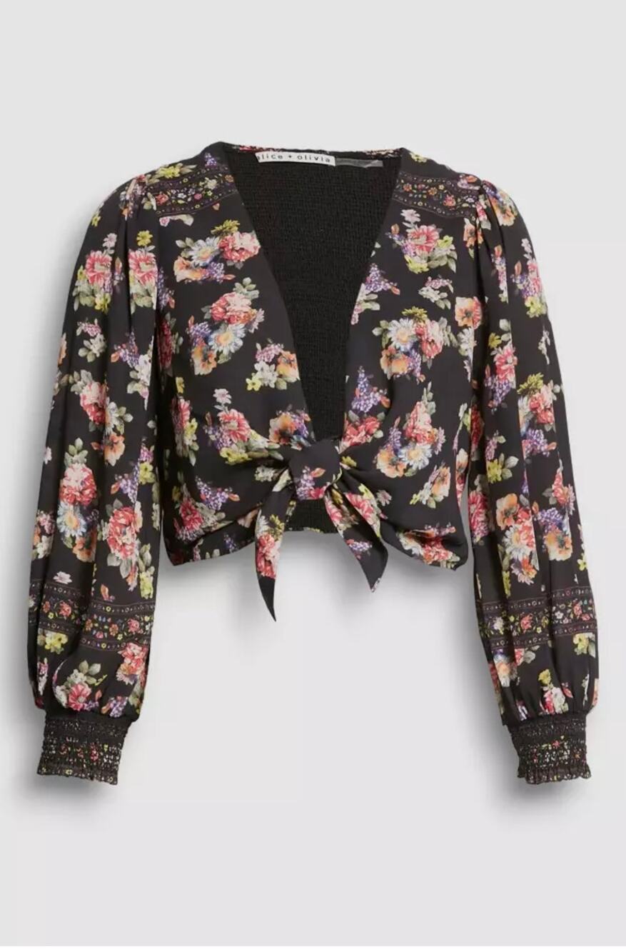 Alice and Olivia Women's Black Floral Front Tie Blouse Top Size XS $350.00